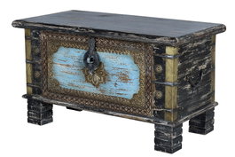 GINER Y COLOMER - Coffre de rangement en bois de manguier vieilli noir avec détails bleus et ouverture supérieure - 45 x 80 x 40 cm